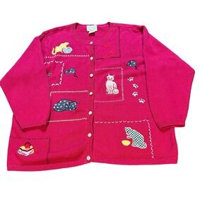 Stitches In Time vintage 1X Pink Cat Mouse Sweater Cardigan Women's Plus Size